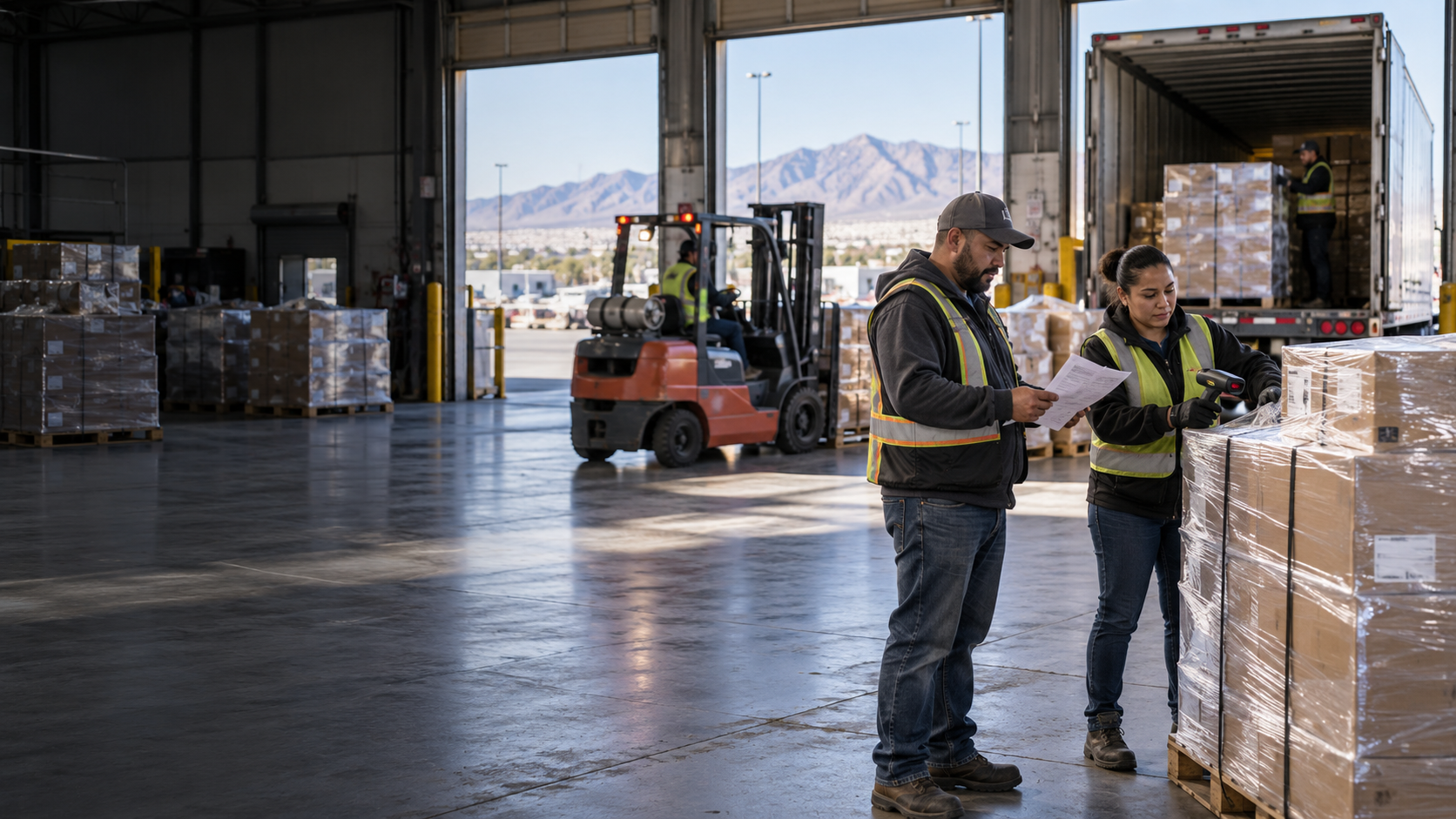 Concept photograph of freight workers preparing palletized cargo at a dock