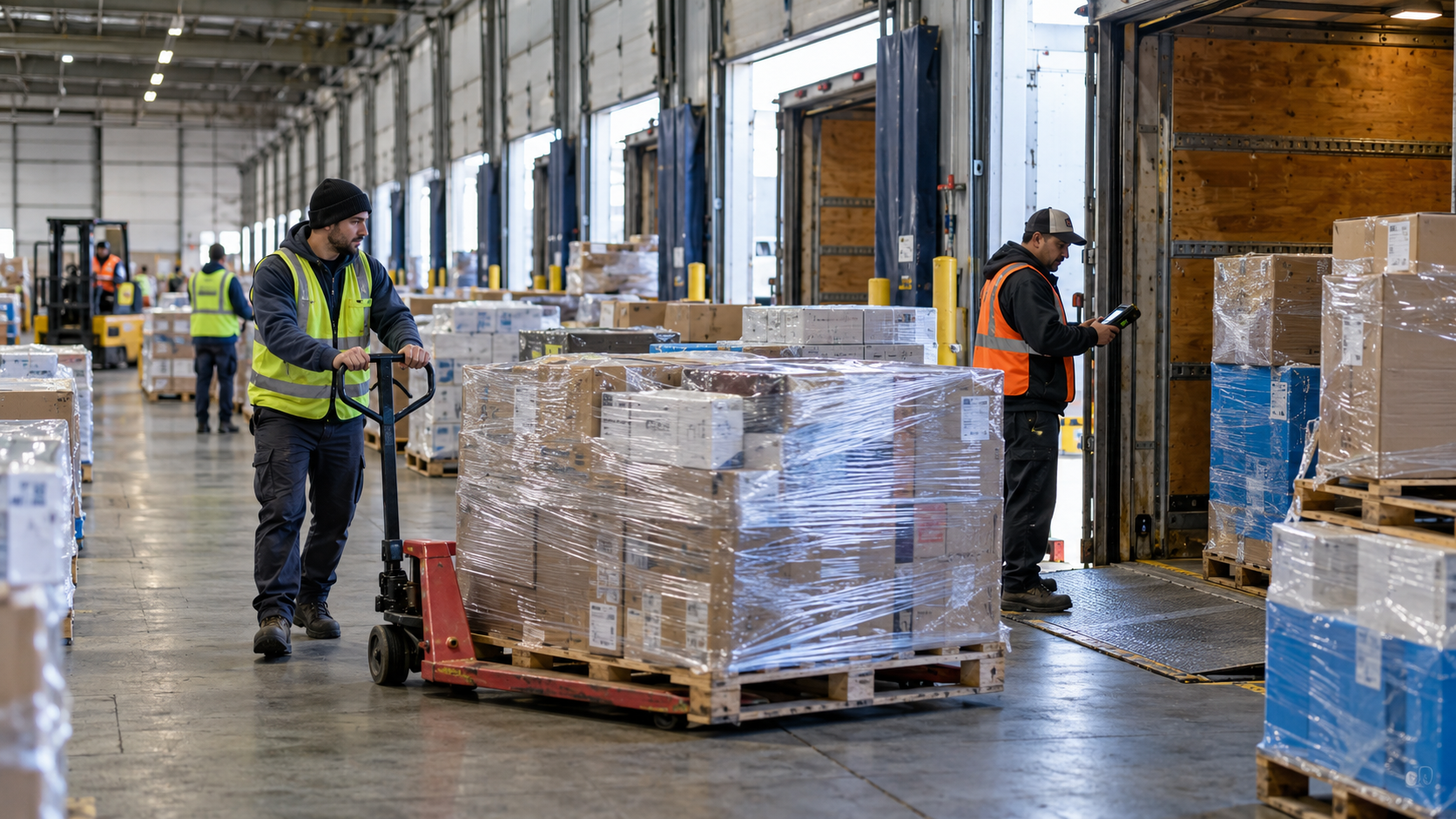 Concept LTL cross-dock with palletized freight and workers